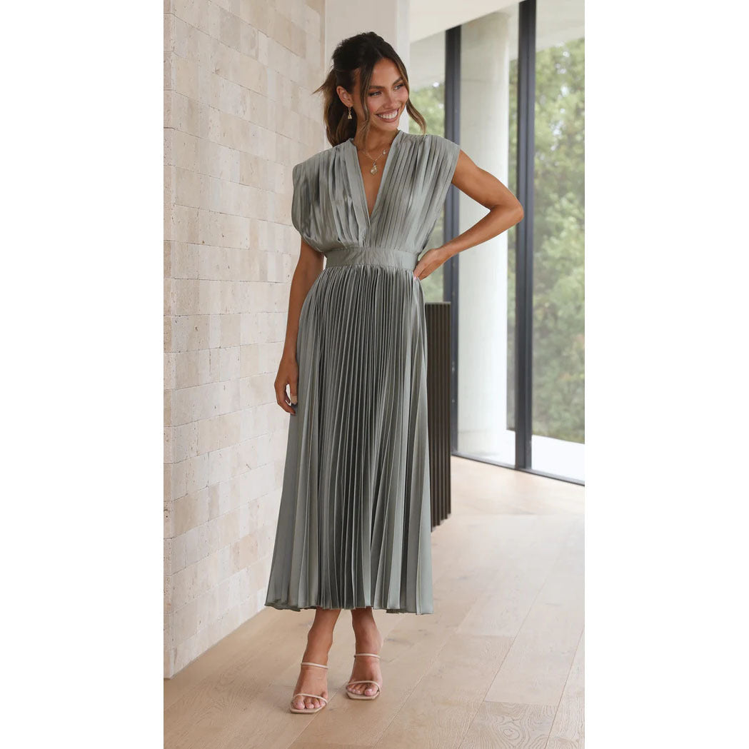 Elegant Sleeved V Neck Floor Length Dress for Women