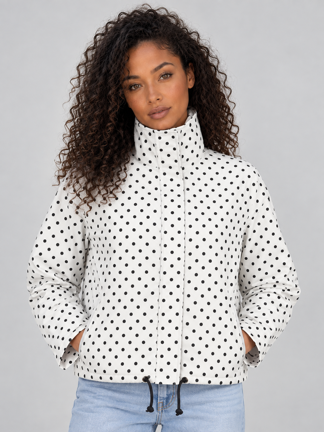 Women's Casual Zip-Up High Collar Cropped Jacket with Drawstring