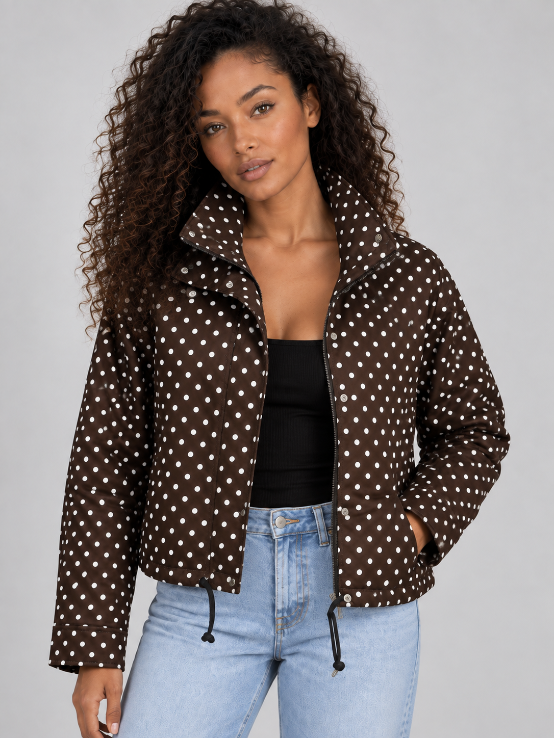 Women's Casual Zip-Up High Collar Cropped Jacket with Drawstring