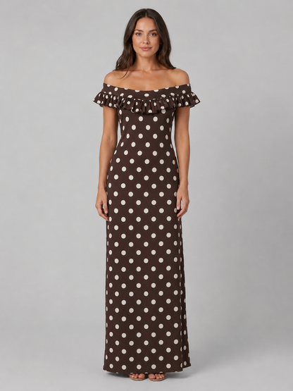 Women's Elegant Polka Dot Off-Shoulder Maxi Dress with Ruffle Neckline