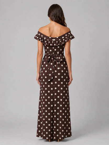 Women's Elegant Polka Dot Off-Shoulder Maxi Dress with Ruffle Neckline