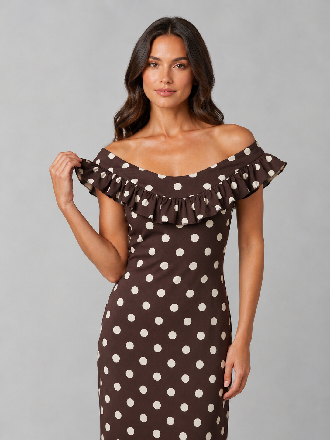 Women's Elegant Polka Dot Off-Shoulder Maxi Dress with Ruffle Neckline