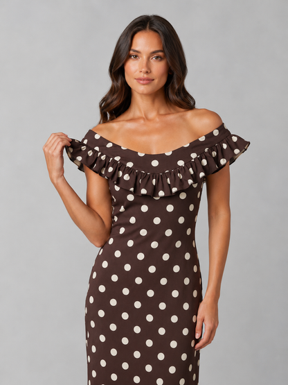 Women's Elegant Polka Dot Off-Shoulder Maxi Dress with Ruffle Neckline