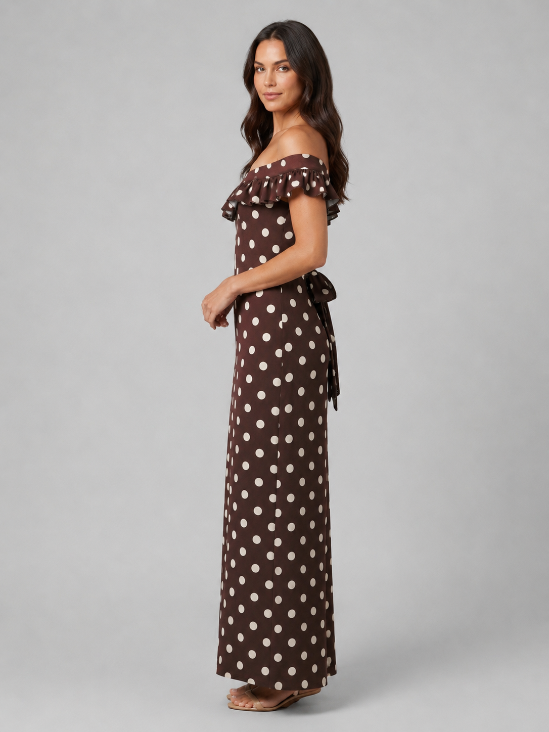 Women's Elegant Polka Dot Off-Shoulder Maxi Dress with Ruffle Neckline