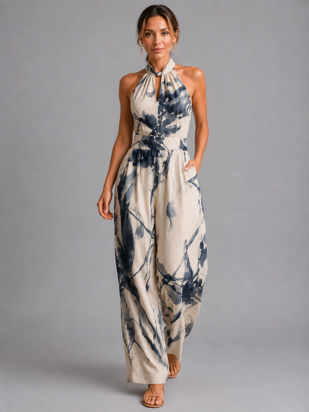 Women's Casual Printed Wide-Leg Jumpsuit
