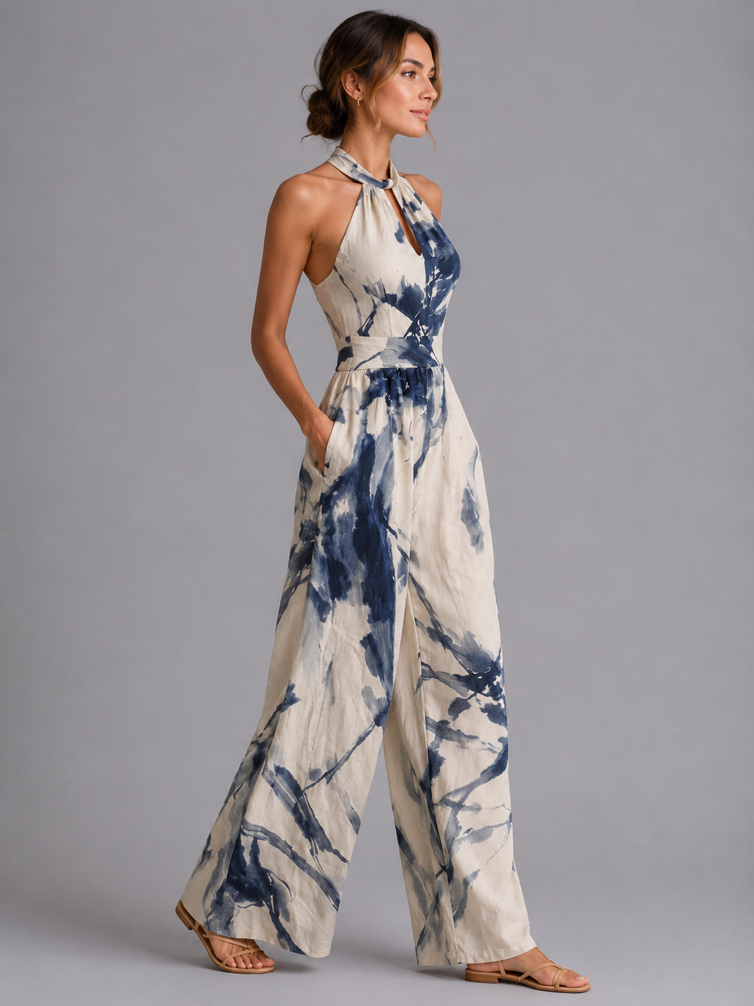 Women's Casual Printed Wide-Leg Jumpsuit
