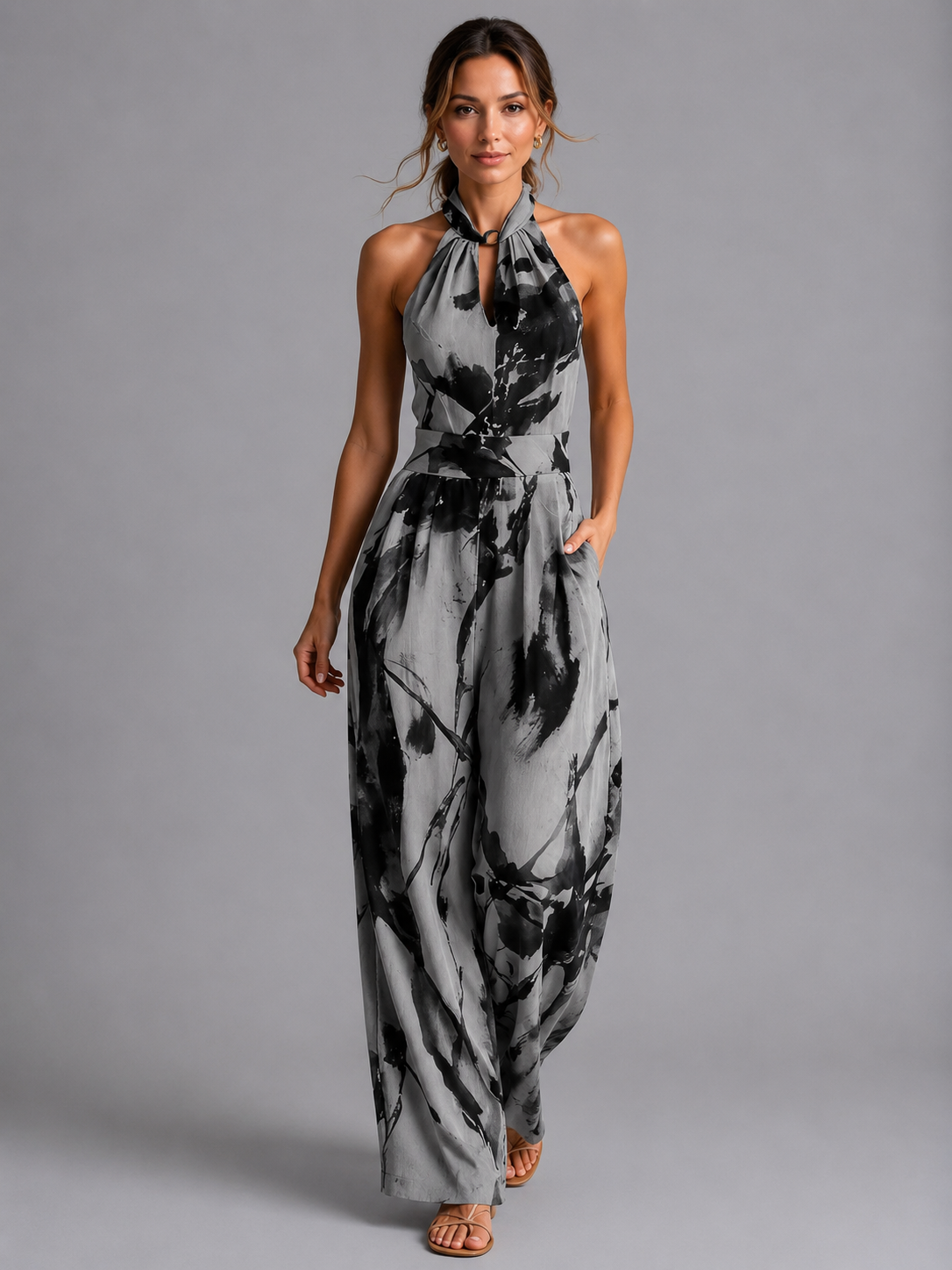 Women's Casual Printed Wide-Leg Jumpsuit