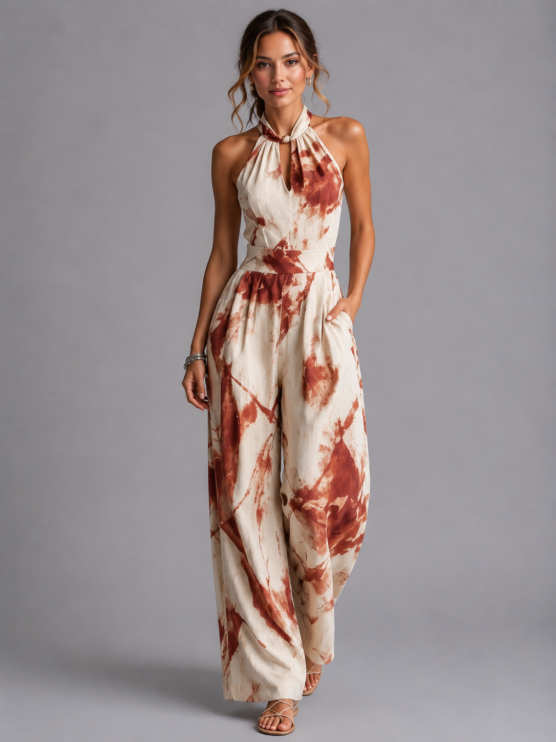 Women's Casual Printed Wide-Leg Jumpsuit