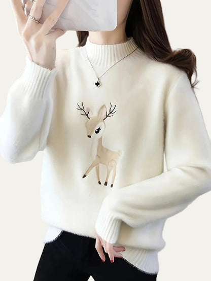 Soft Warm Deer Patterned Mock Neck Sweater - OutfitLondon