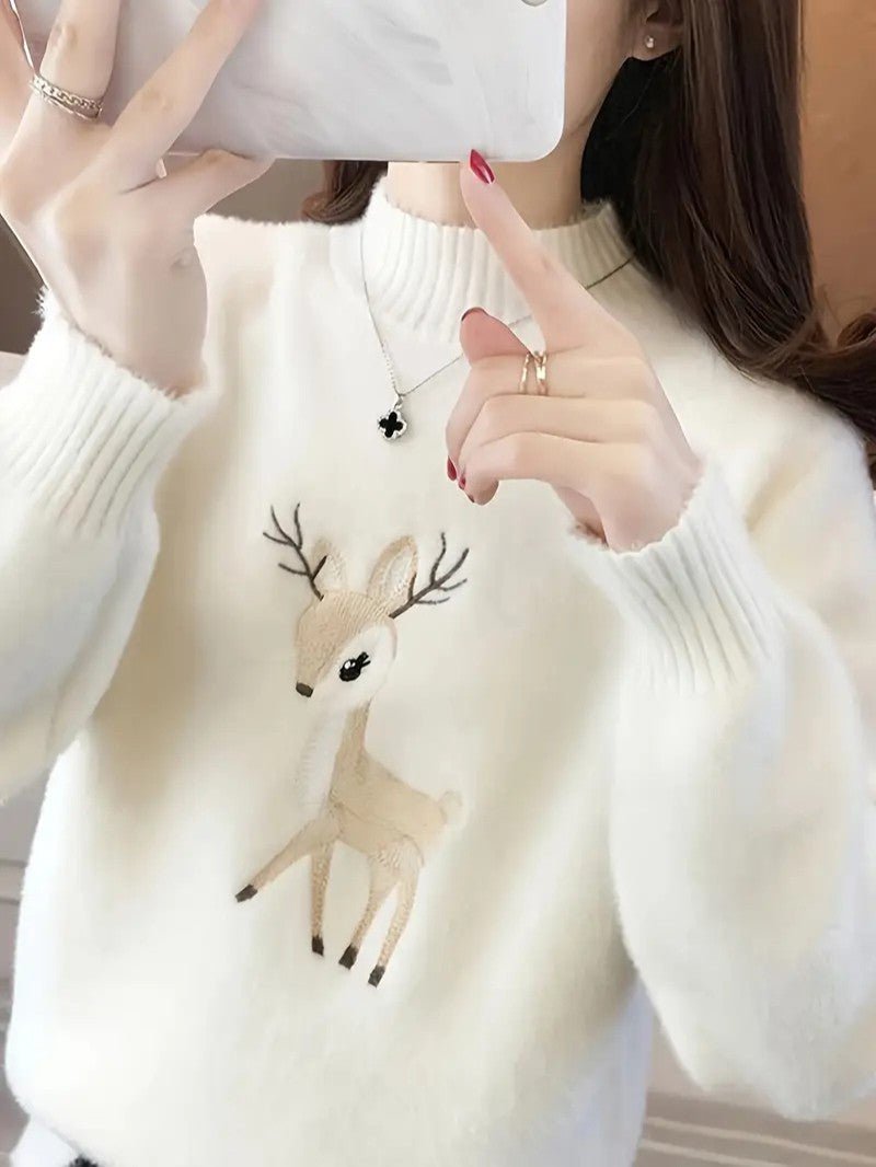 Soft Warm Deer Patterned Mock Neck Sweater