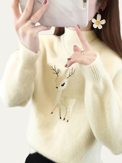 Soft Warm Deer Patterned Mock Neck Sweater