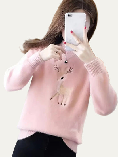Soft Warm Deer Patterned Mock Neck Sweater