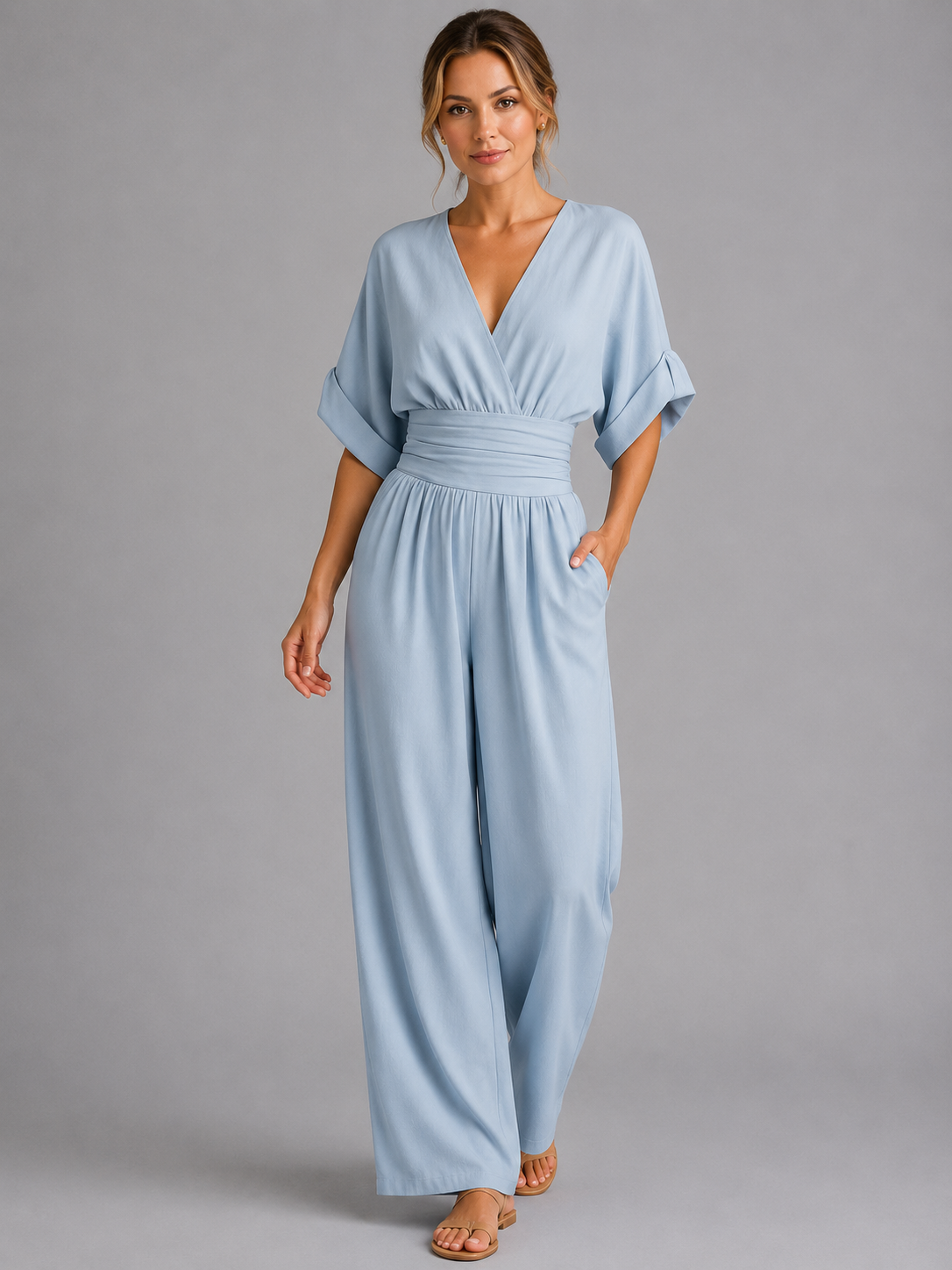 Women's Casual Wide Leg Jumpsuit with Cinched Waist