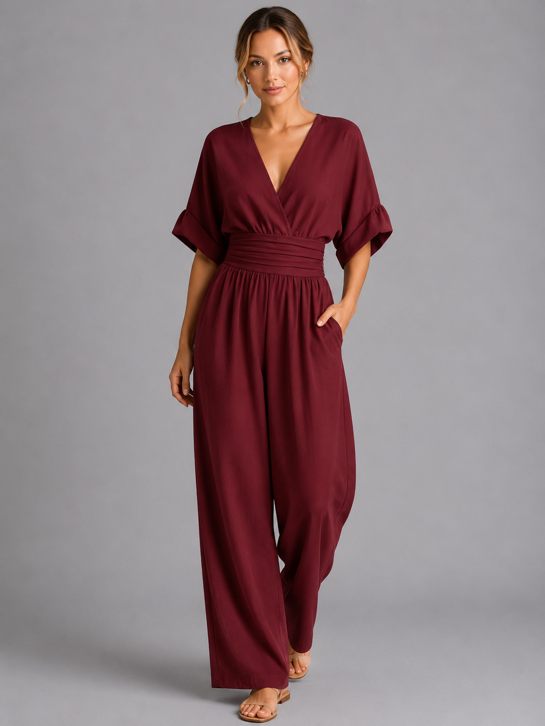 Women's Casual Wide Leg Jumpsuit with Cinched Waist
