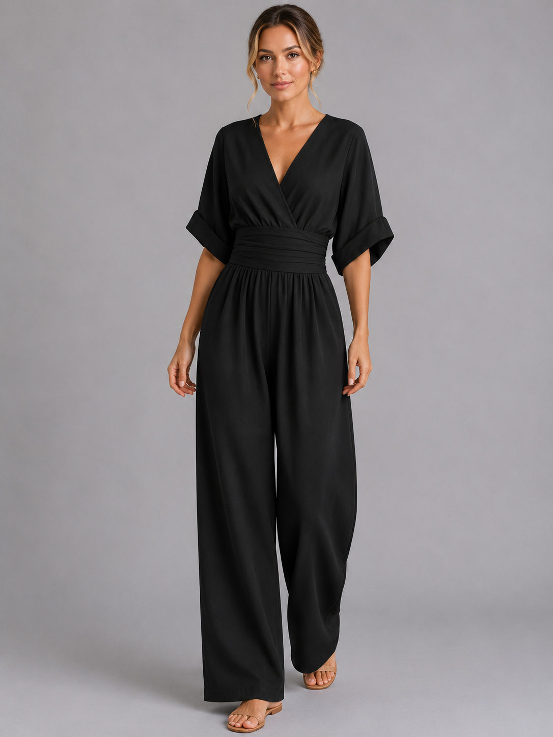 Women's Casual Wide Leg Jumpsuit with Cinched Waist
