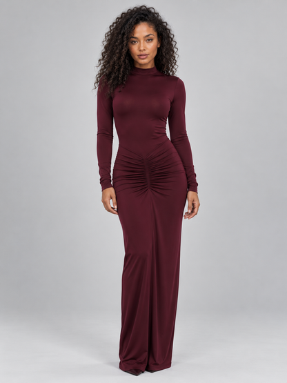 Women's Elegant Ruched High Neck Maxi Dress with Long Sleeves