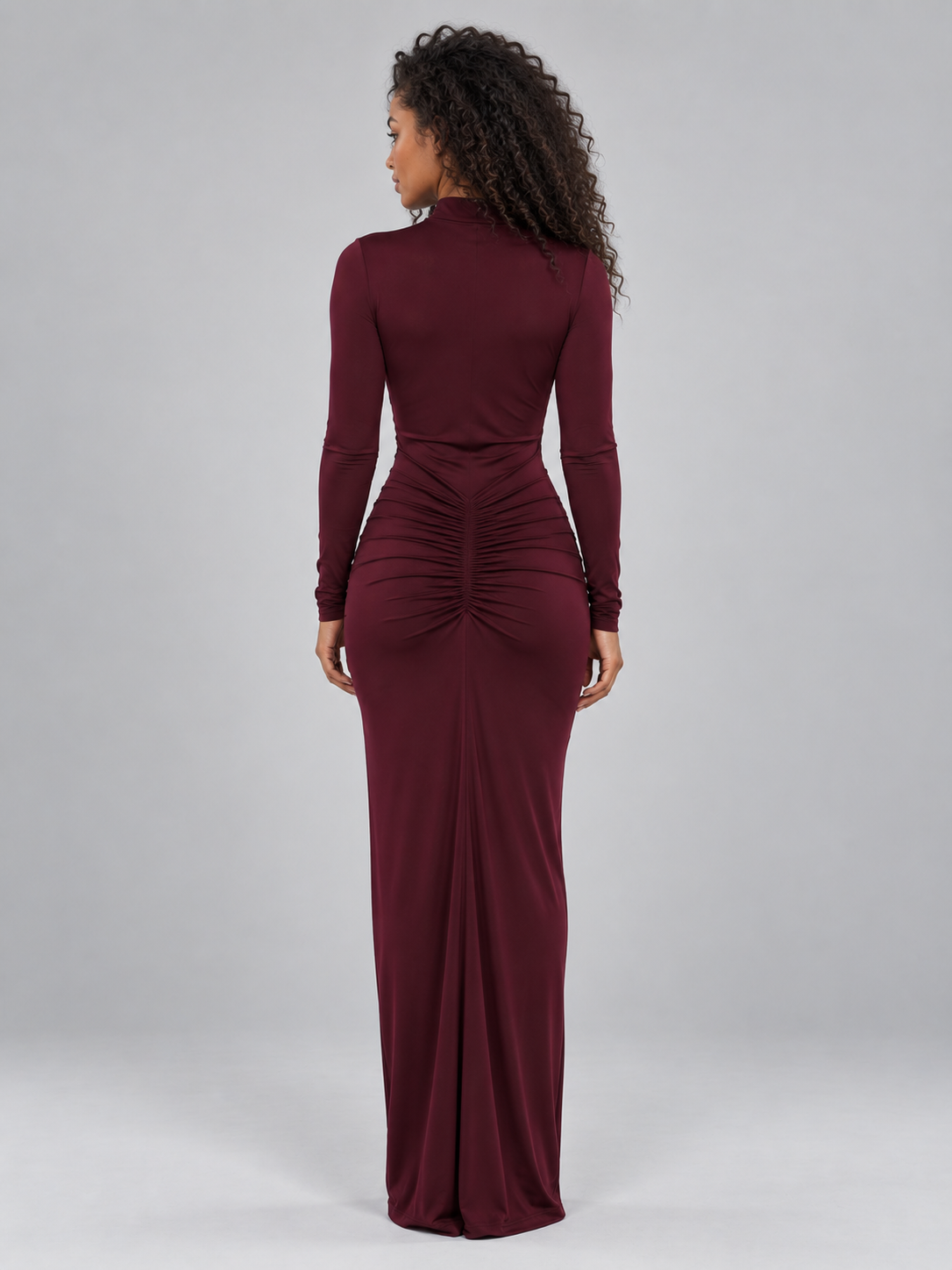 Women's Elegant Ruched High Neck Maxi Dress with Long Sleeves