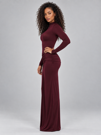 Women's Elegant Ruched High Neck Maxi Dress with Long Sleeves