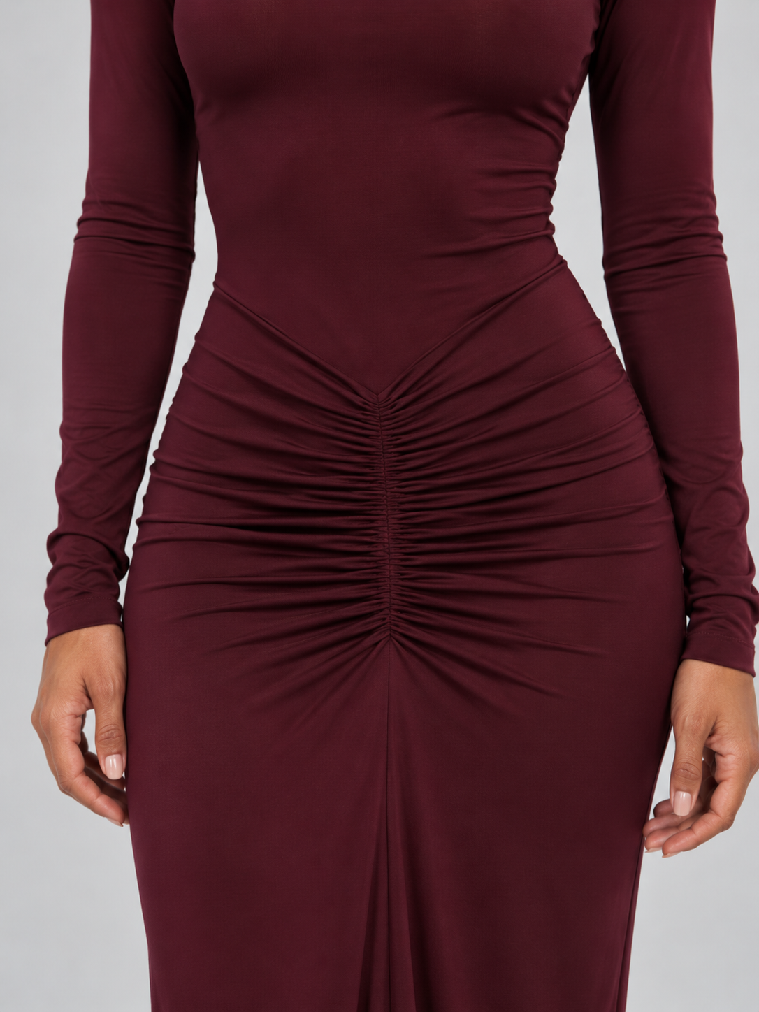 Women's Elegant Ruched High Neck Maxi Dress with Long Sleeves
