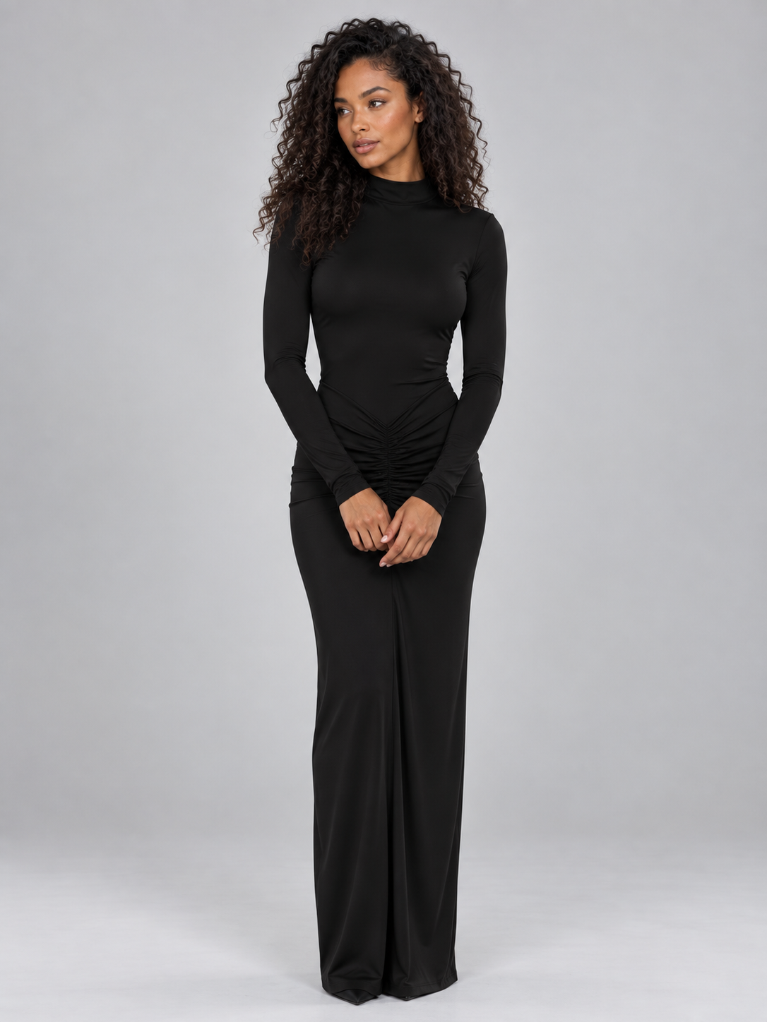 Women's Elegant Ruched High Neck Maxi Dress with Long Sleeves
