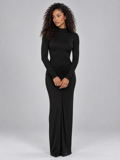 Women's Elegant Ruched High Neck Maxi Dress with Long Sleeves
