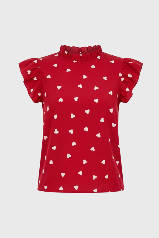 Women's Casual Cotton Ruffle Sleeve Heart Print Top