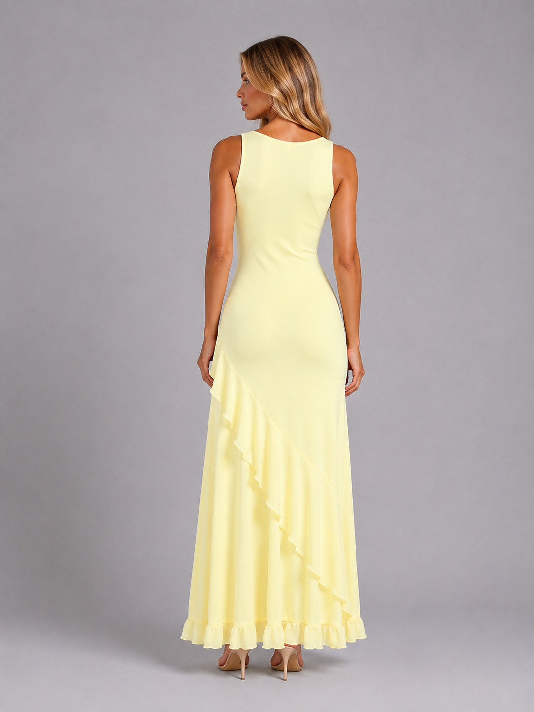 Women's Elegant Ruffle Split Maxi Dress with Figure Skimming Fit