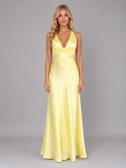 Women's Elegant Satin Halter Neck Ruched Maxi Dress