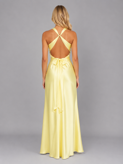 Women's Elegant Satin Halter Neck Ruched Maxi Dress