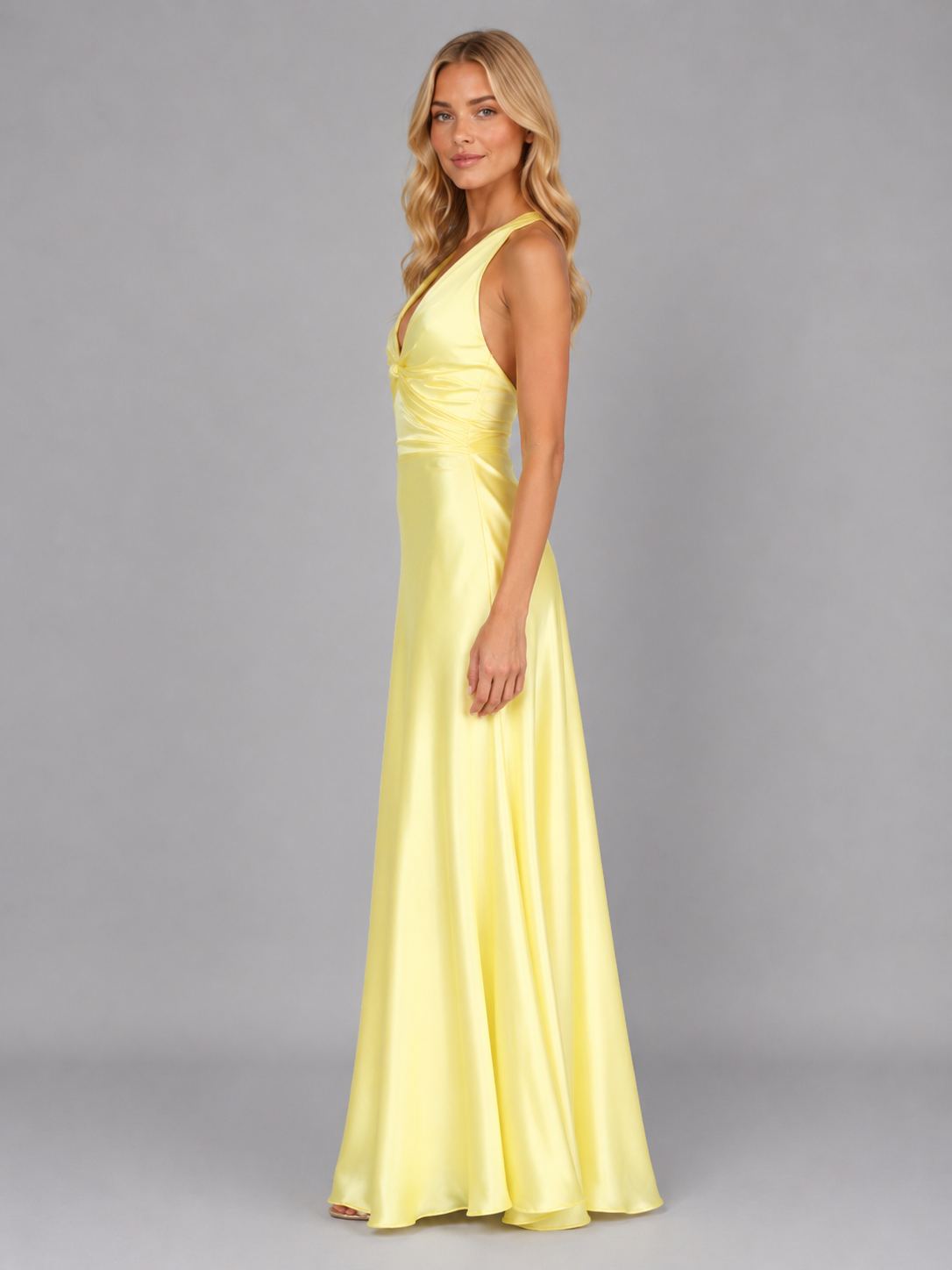 Women's Elegant Satin Halter Neck Ruched Maxi Dress