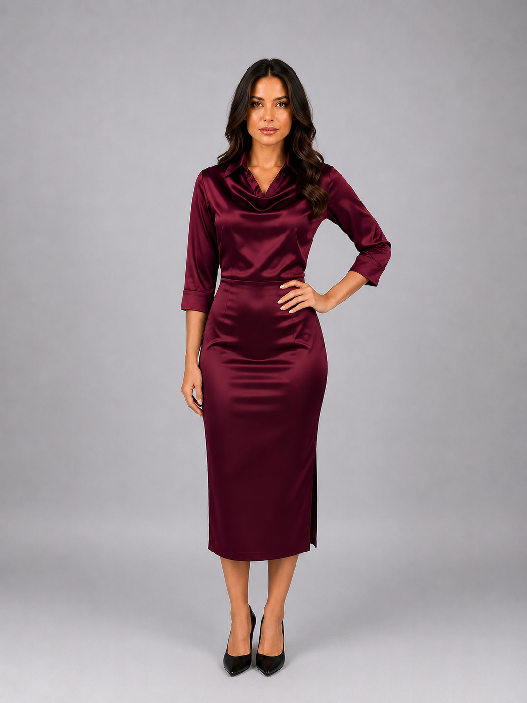Women's Elegant Satin Look Cowl Neck Midi Dress