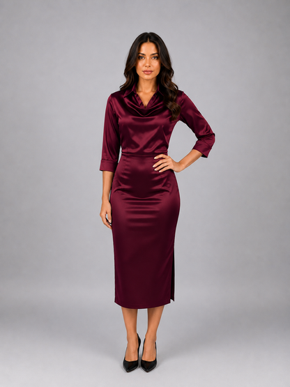 Women's Elegant Satin Look Cowl Neck Midi Dress
