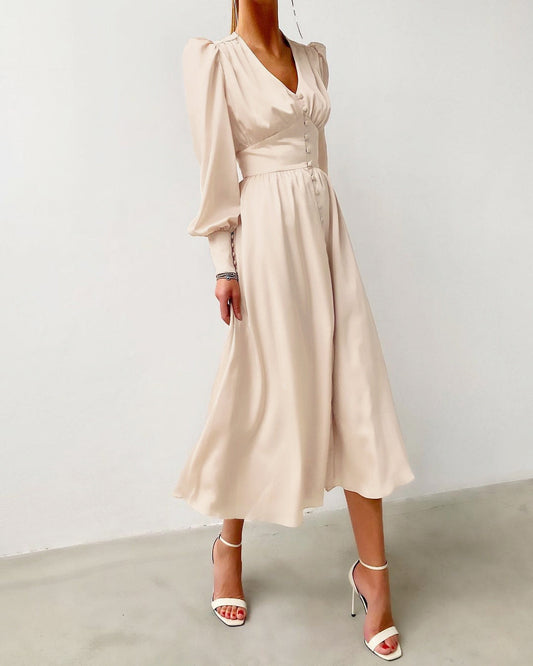Women's Elegant Long Sleeve V-Neck Midi Dress