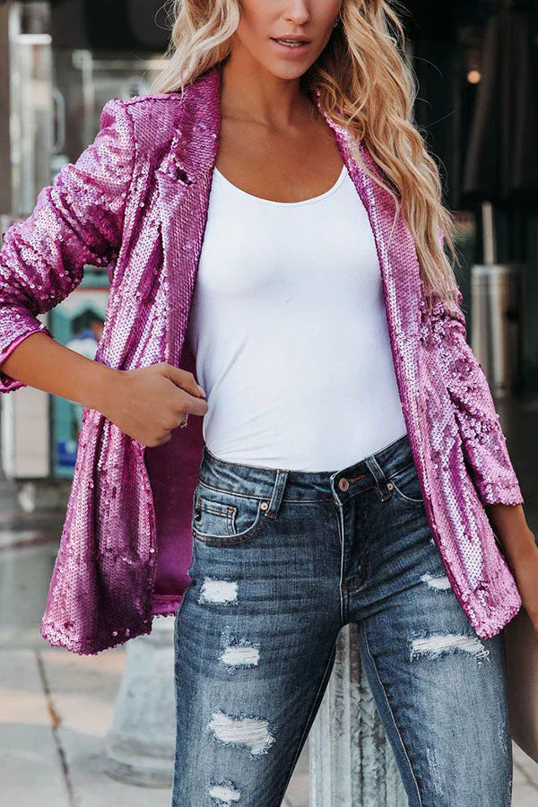 Glittering Sequin Jacket for Women with Lapel