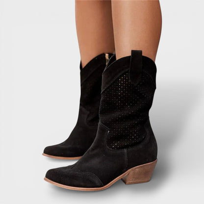Women's Casual Leather Side Zipper Cowgirl Boots