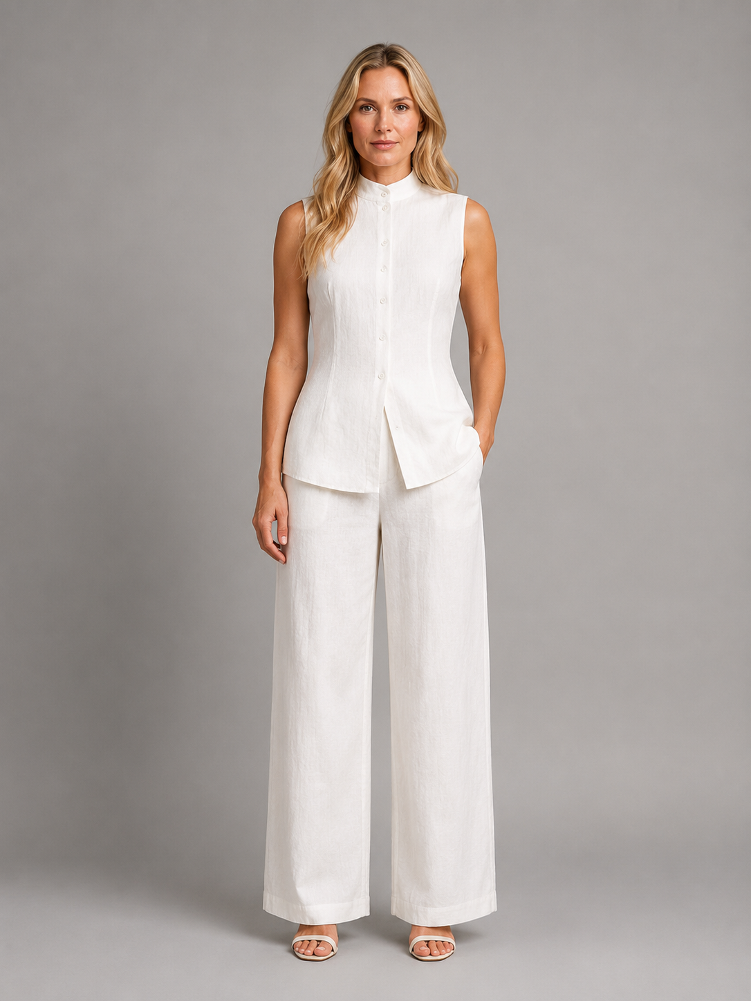 Women's Chic Sleeveless Button Top and Wide Leg Trousers Co-Ord Set