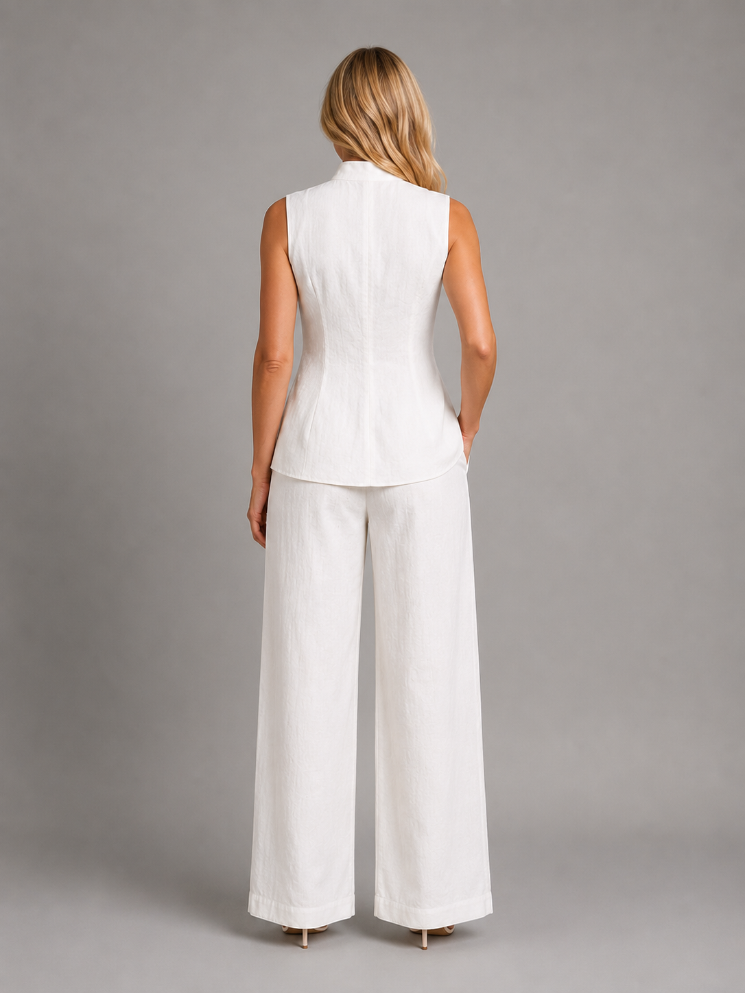 Women's Chic Sleeveless Button Top and Wide Leg Trousers Co-Ord Set