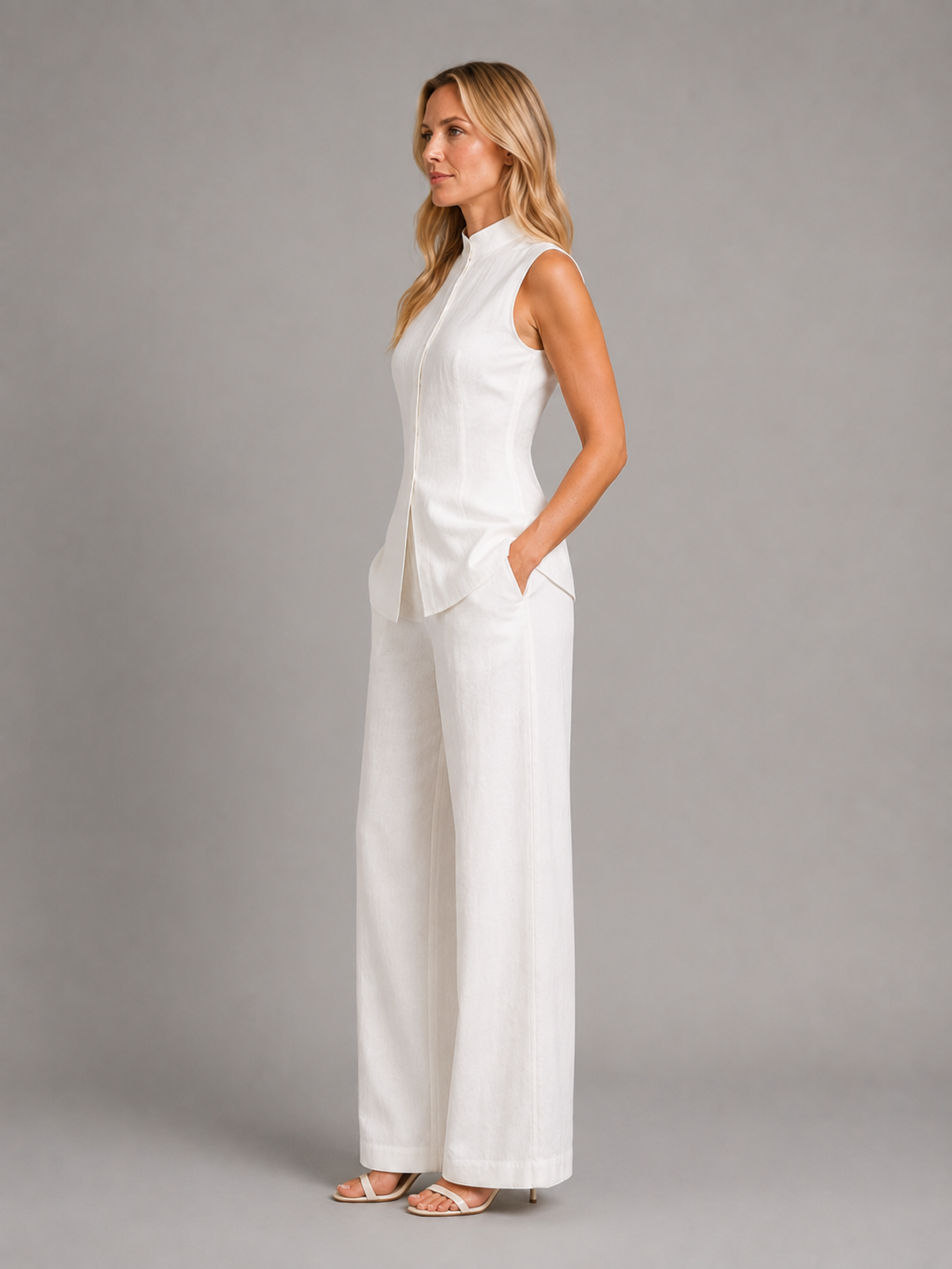 Women's Chic Sleeveless Button Top and Wide Leg Trousers Co-Ord Set