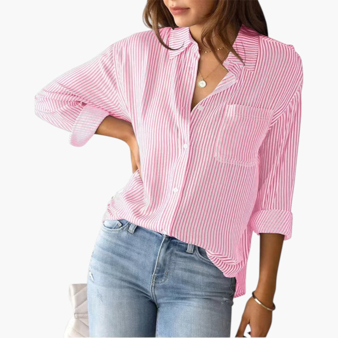 Women's Casual Cotton Striped Long Sleeve Blouse with Collar