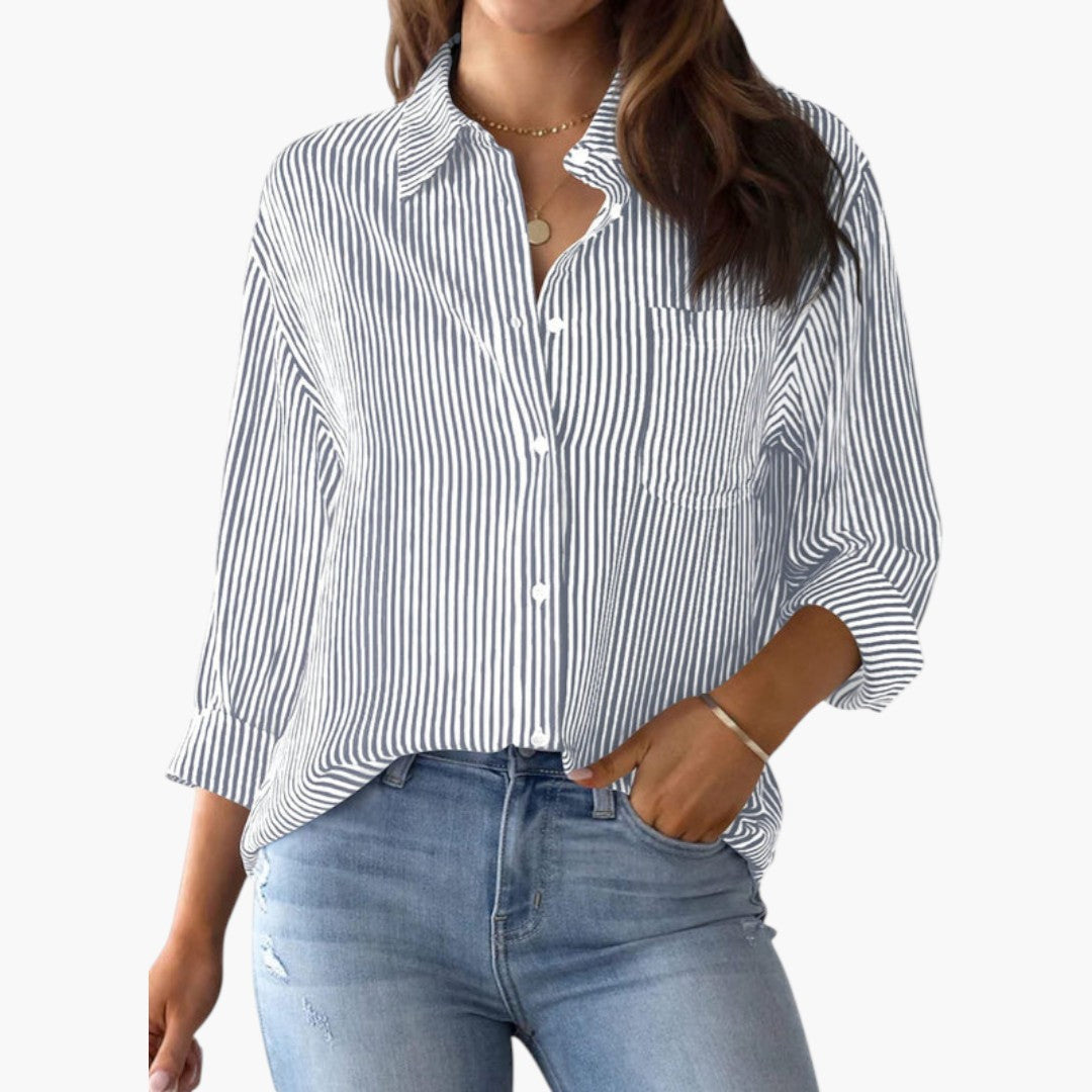 Women's Casual Cotton Striped Long Sleeve Blouse with Collar