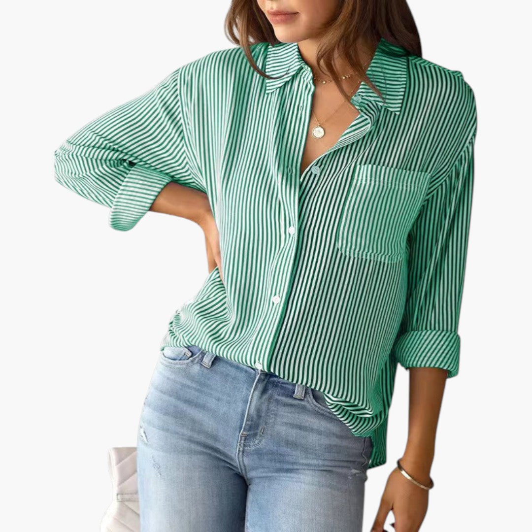 Women's Casual Cotton Striped Long Sleeve Blouse with Collar
