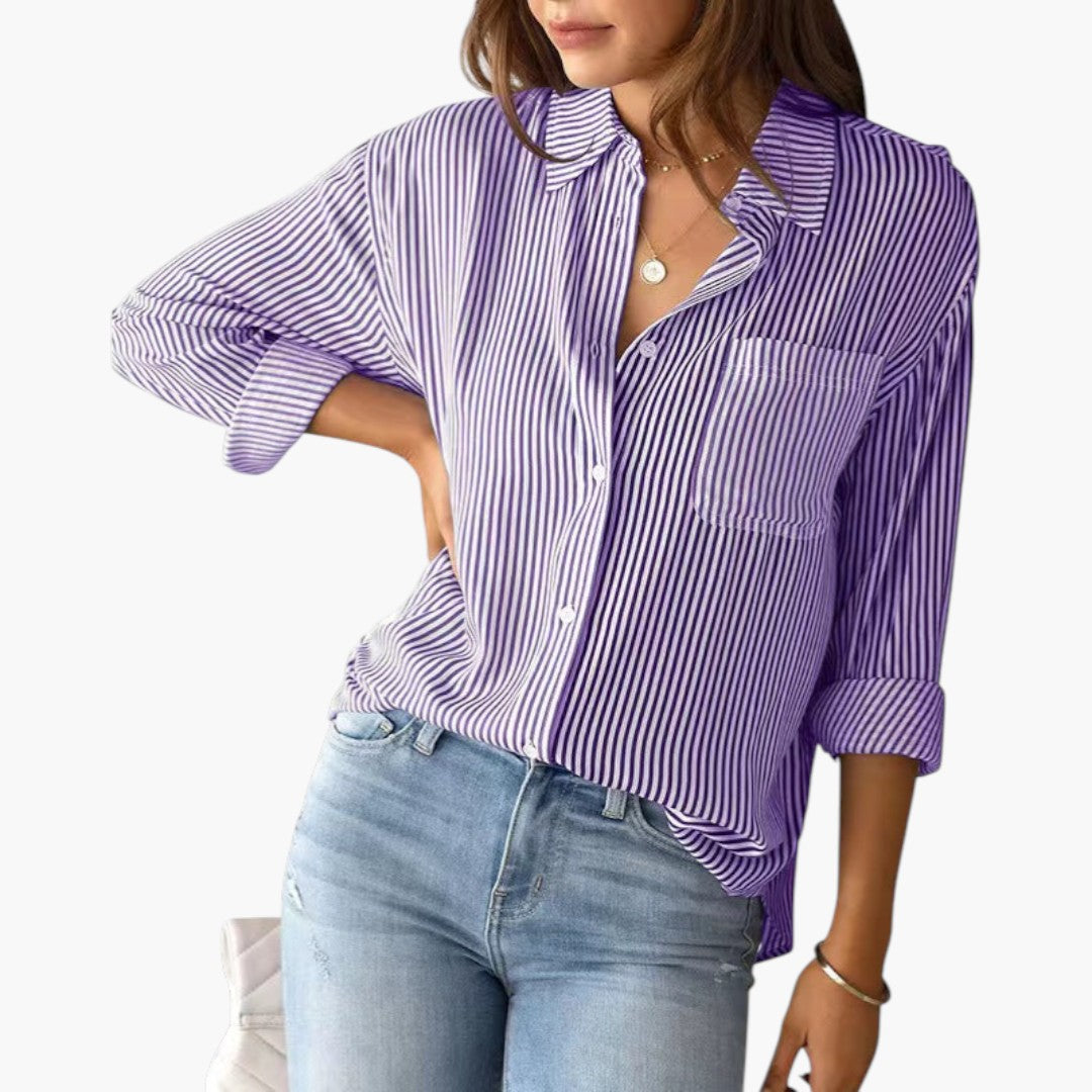 Women's Casual Cotton Striped Long Sleeve Blouse with Collar