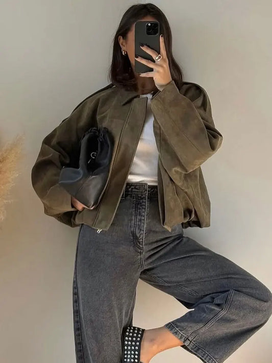 Soft Faux Suede Women's Bomber Jacket - OutfitLondon