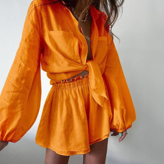 Women's Casual Cotton Shirt and Shorts Set