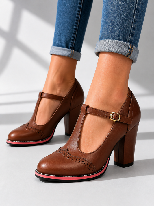 Women's Classic Leather Look T-Bar Brogue Block Heel Shoes