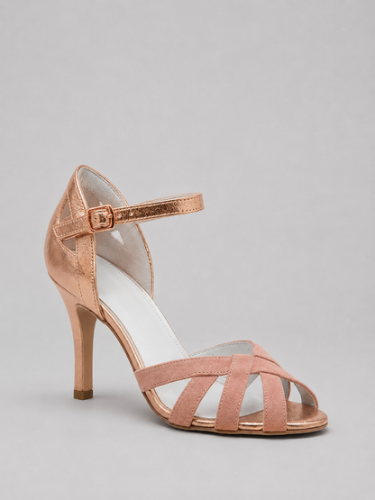 Women's Stylish Cushioned Leather T-Strap Mid Heel Shoes in Pink