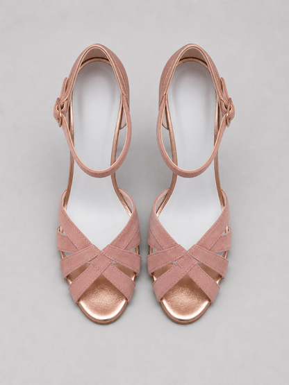 Women's Stylish Cushioned Leather T-Strap Mid Heel Shoes in Pink