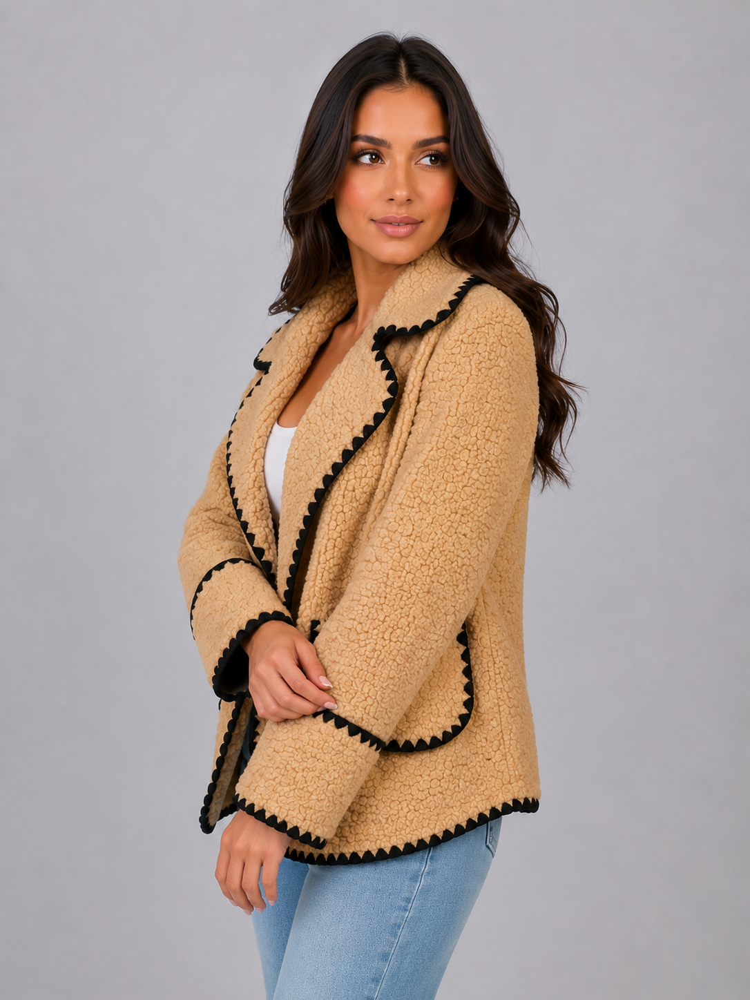 Women's Casual Teddy Fleece Button Front Jacket Beige
