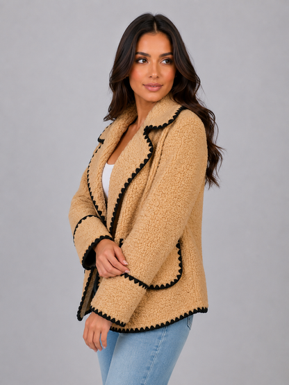 Women's Casual Teddy Fleece Button Front Jacket Beige