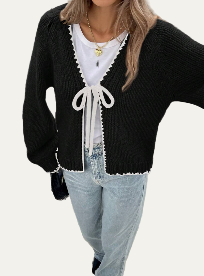 Ladies' Ruffled Tie-Front Short Cardigan - OutfitLondon